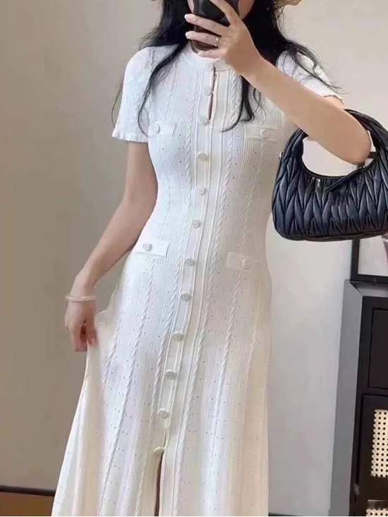 Dresses & Skirts - Elegant White Short-Sleeve Knit Button-Front Maxi Dress